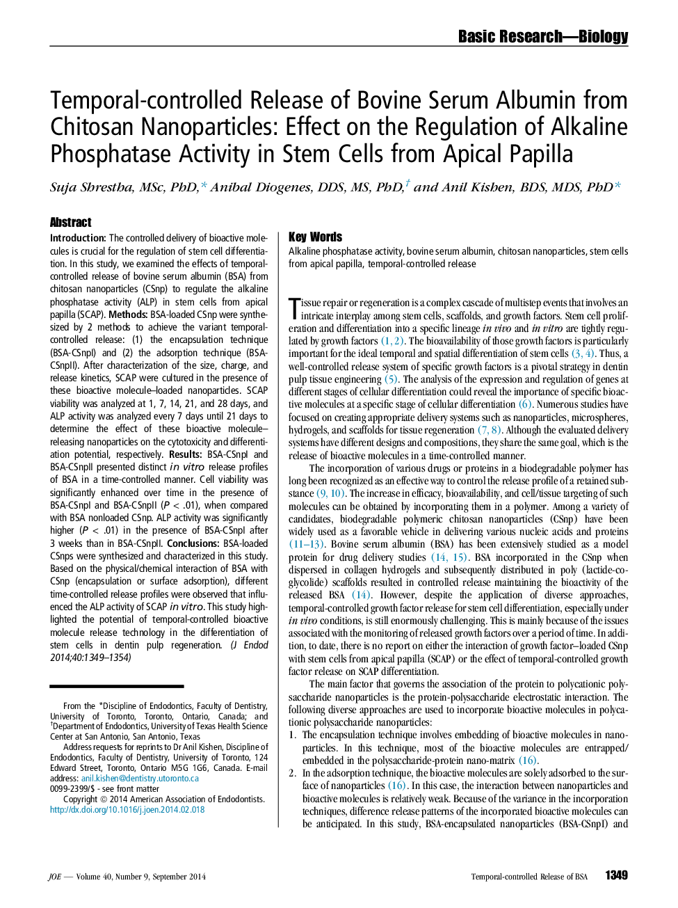 کنترل زمان آزاد آلبومین سرم گاو از نانوذرات چیتوزان: تاثیر در تنظیم فعالیت فسفاتاز قلیایی در سلول های بنیادی پاپیل آپیکال 