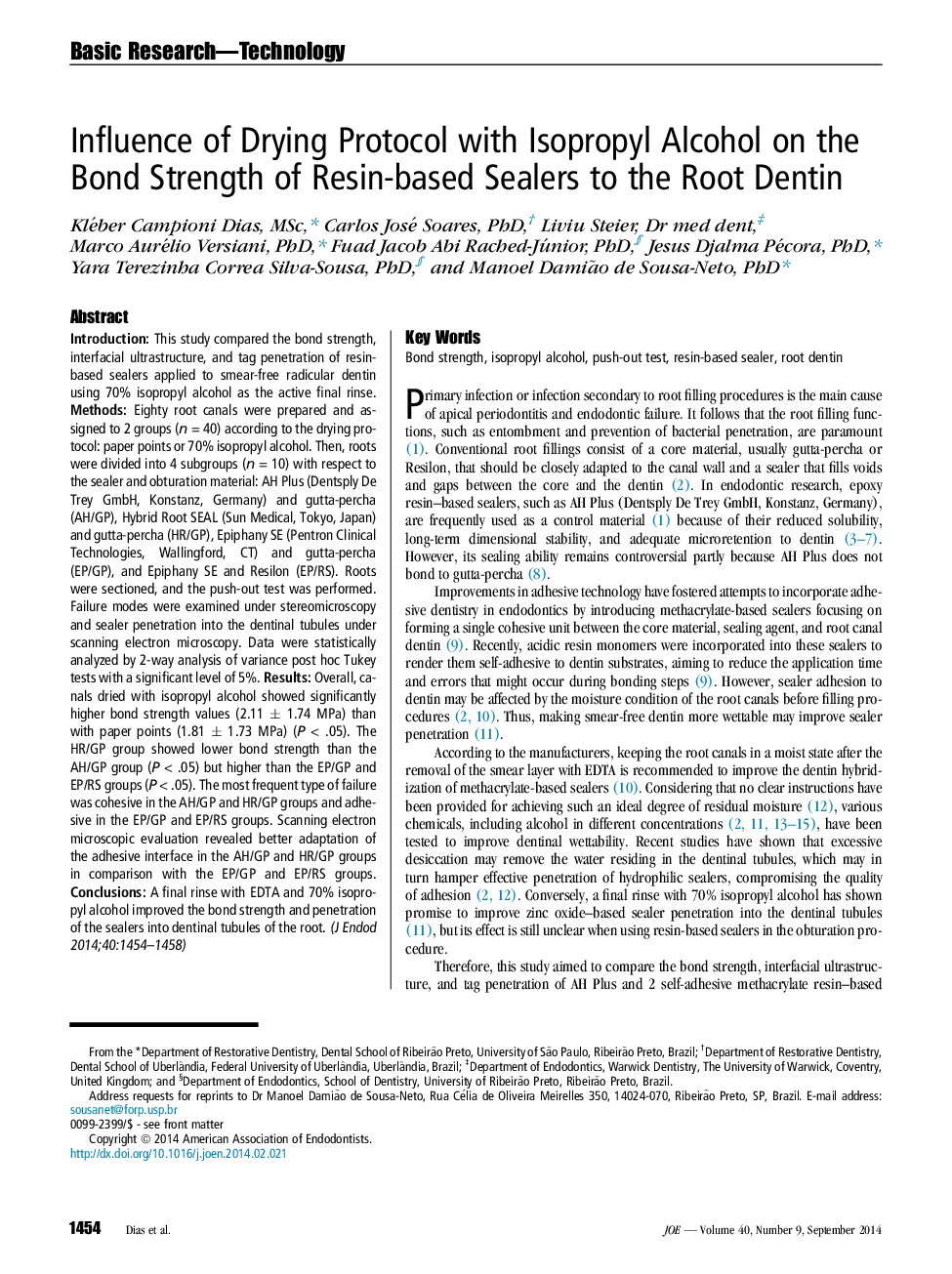 Influence of Drying Protocol with Isopropyl Alcohol on the Bond Strength of Resin-based Sealers to the Root Dentin