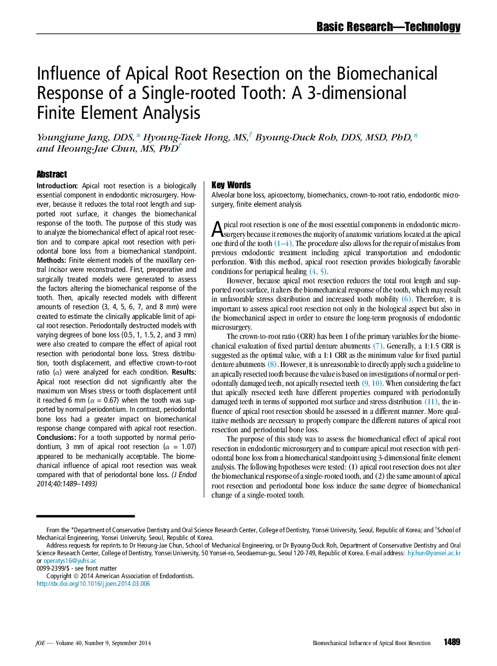 Influence of Apical Root Resection on the Biomechanical Response of a Single-rooted Tooth: A 3-dimensional Finite Element Analysis