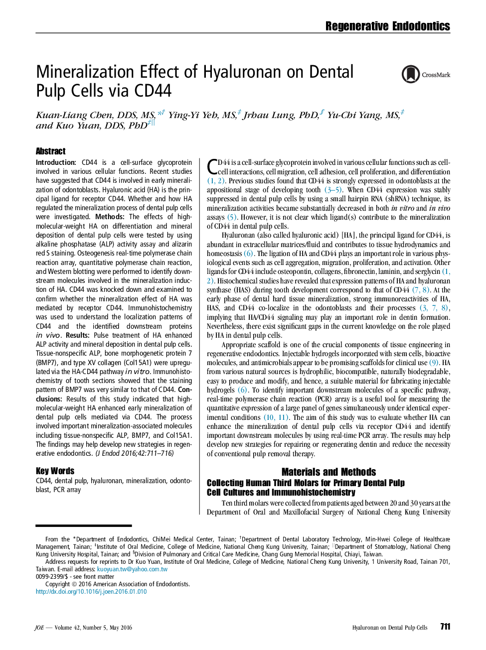 Mineralization Effect of Hyaluronan on Dental Pulp Cells via CD44