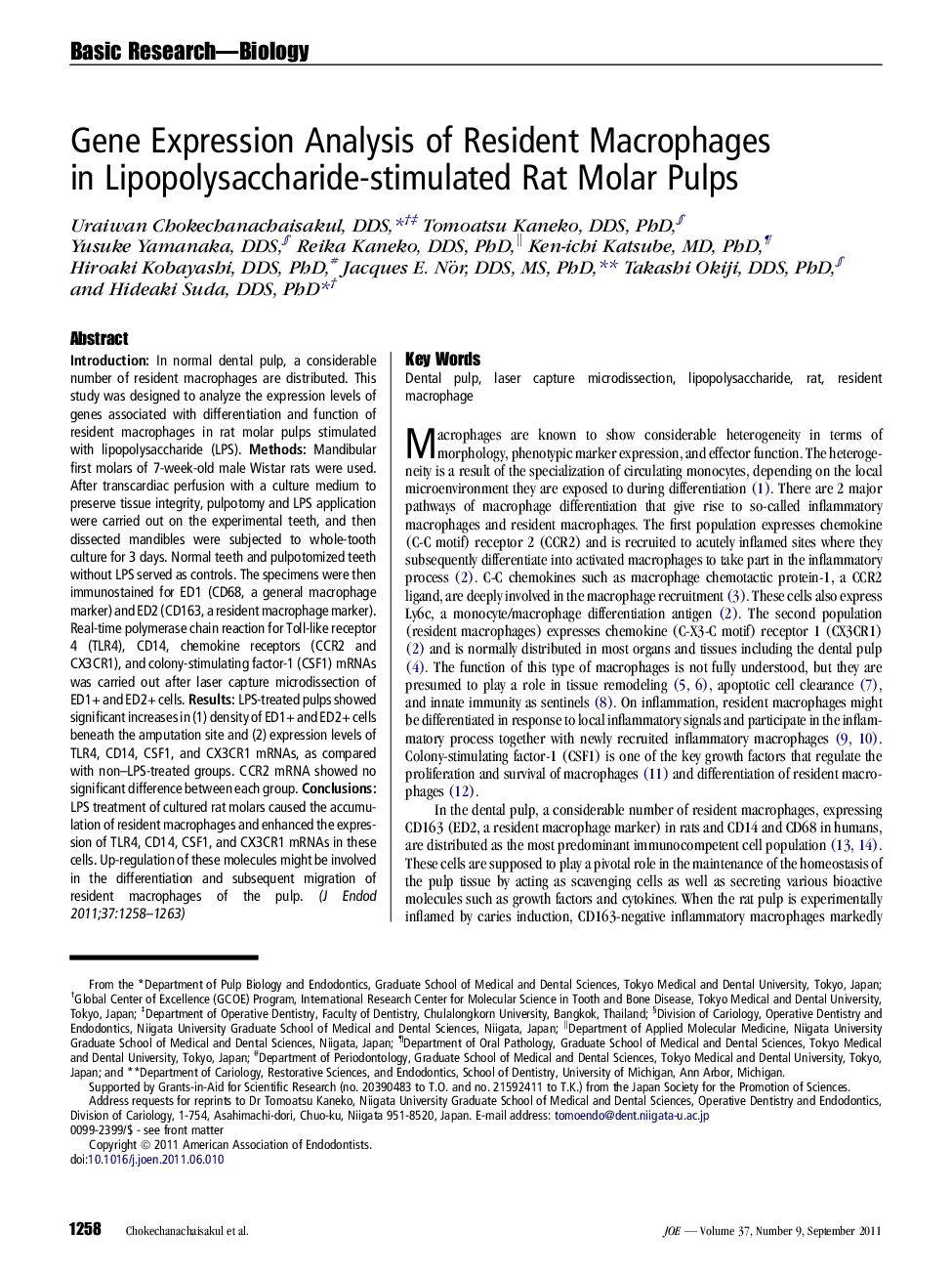 Gene Expression Analysis of Resident Macrophages in Lipopolysaccharide-stimulated Rat Molar Pulps 