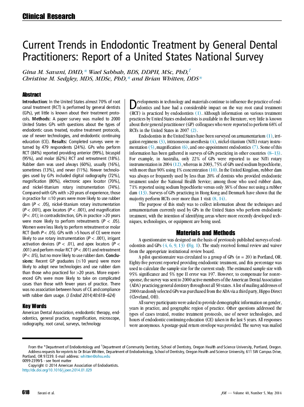 روند کنونی درمان انتوداسیون توسط پزشکان عمومی دندانپزشکی: گزارش یک نظرسنجی ملی ایالات متحده 