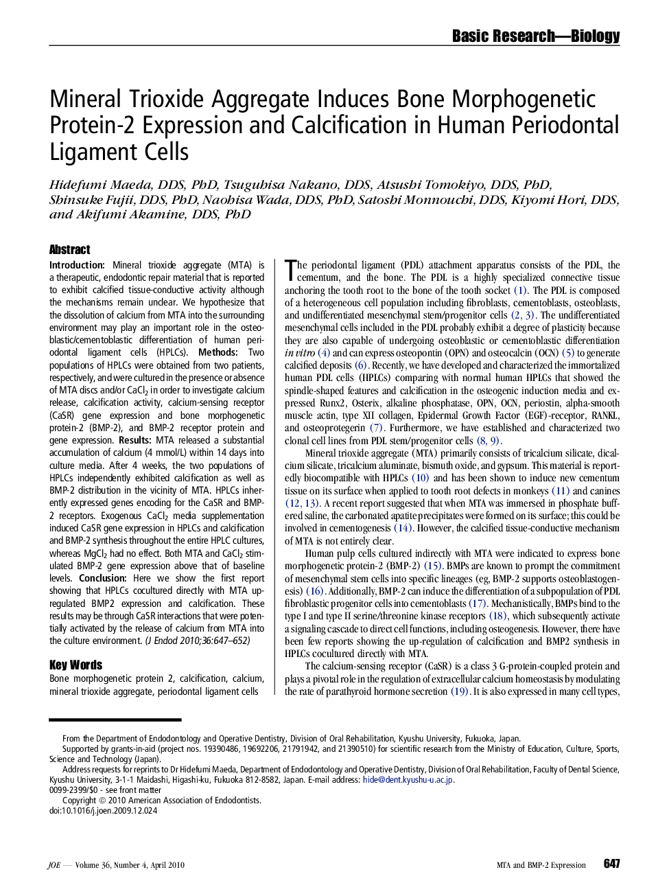 Mineral Trioxide Aggregate Induces Bone Morphogenetic Protein-2 Expression and Calcification in Human Periodontal Ligament Cells