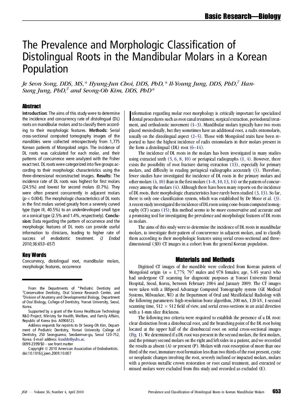 The Prevalence and Morphologic Classification of Distolingual Roots in the Mandibular Molars in a Korean Population 