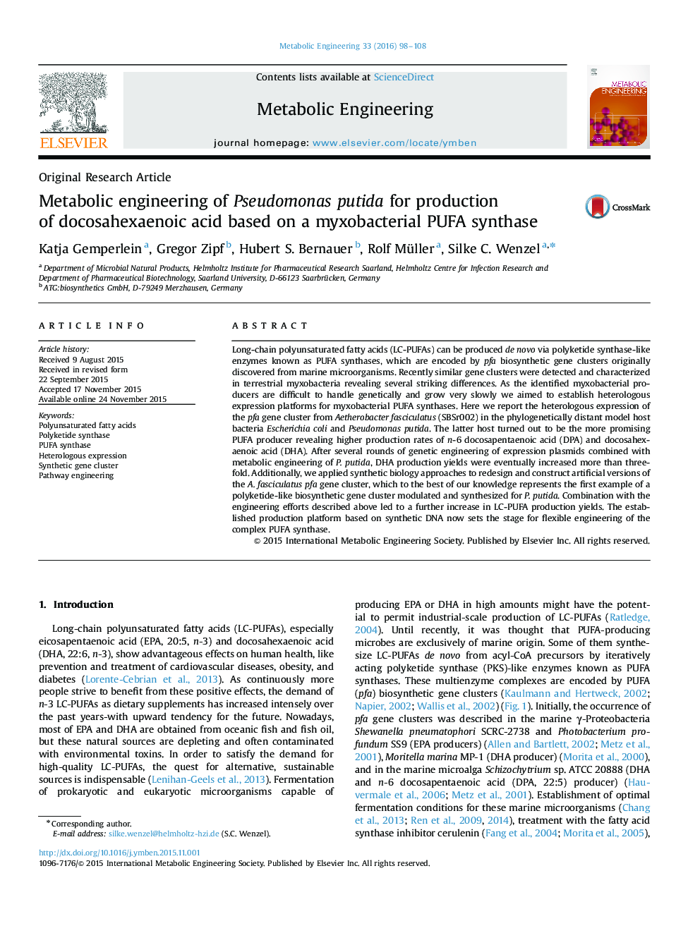 Metabolic engineering of Pseudomonas putida for production of docosahexaenoic acid based on a myxobacterial PUFA synthase