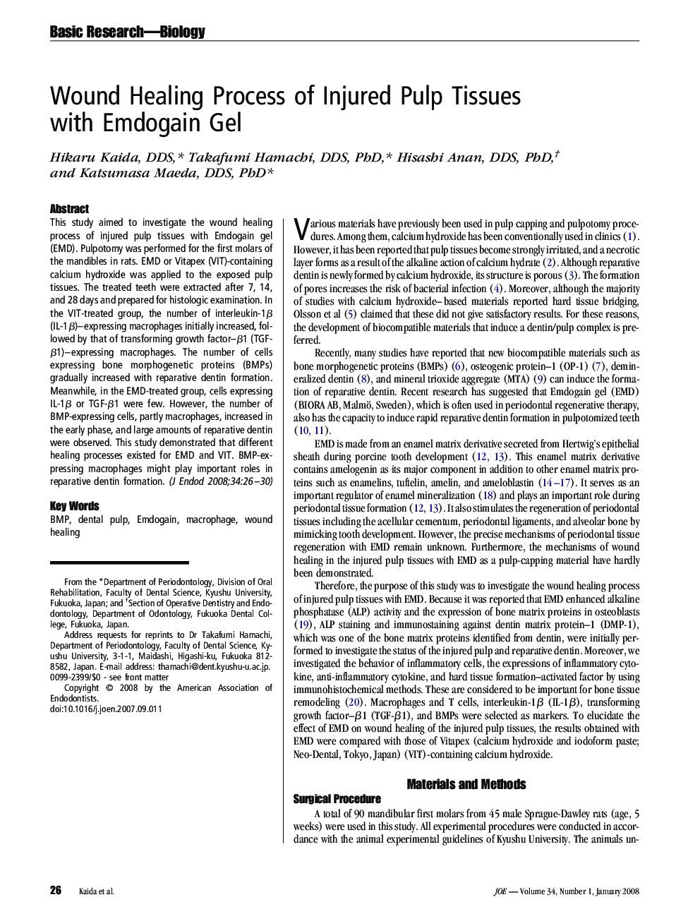 Wound Healing Process of Injured Pulp Tissues with Emdogain Gel