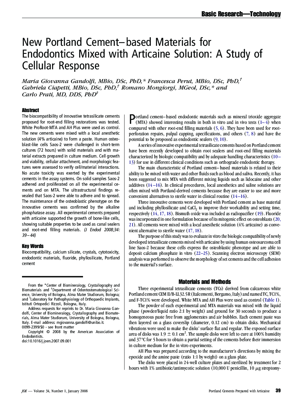 New Portland Cement–based Materials for Endodontics Mixed with Articaine Solution: A Study of Cellular Response