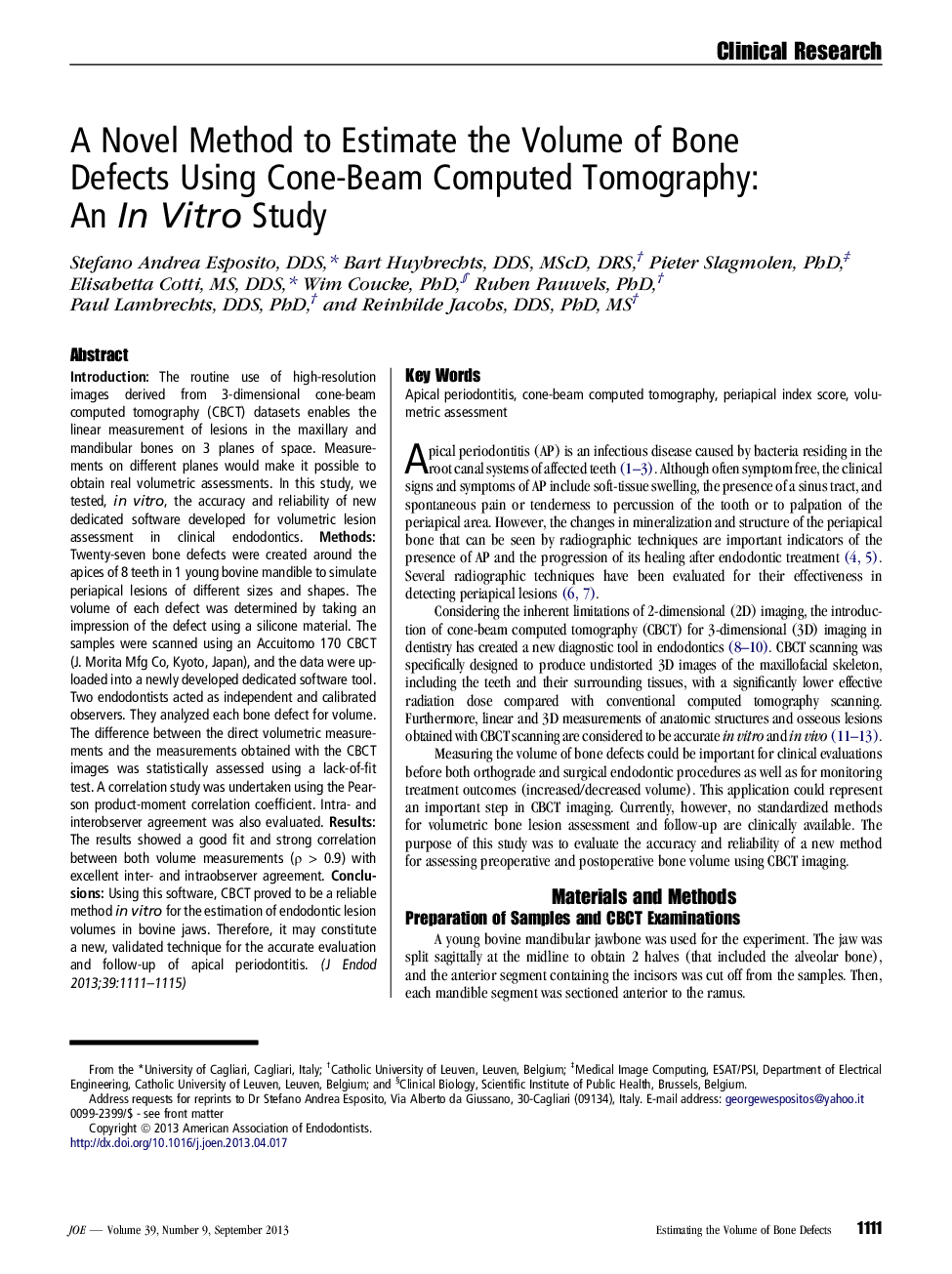 A Novel Method to Estimate the Volume of Bone Defects Using Cone-Beam Computed Tomography: An In Vitro Study