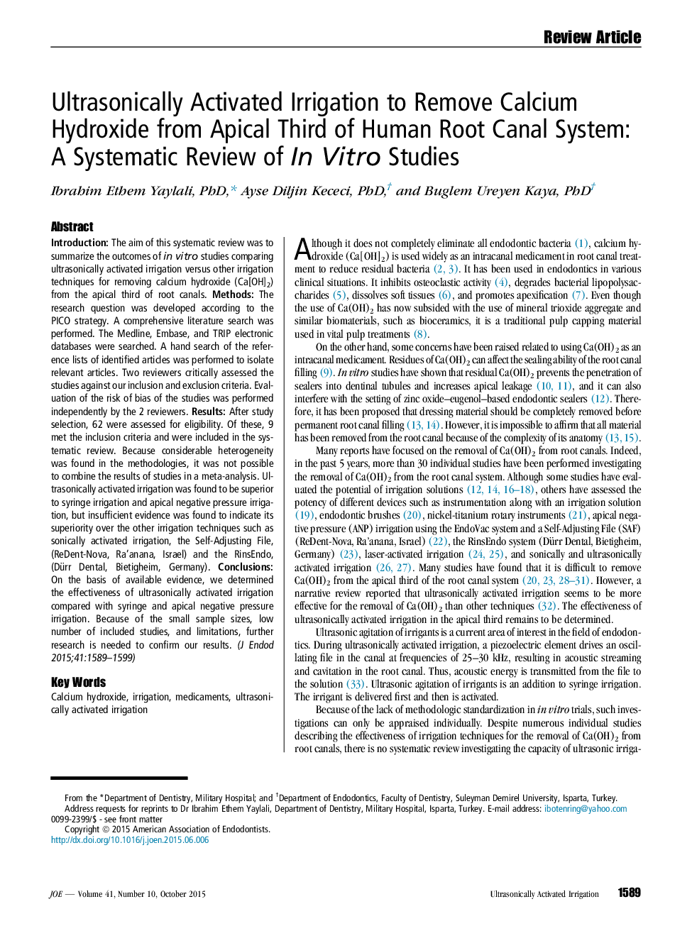 Ultrasonically Activated Irrigation to Remove Calcium Hydroxide from Apical Third of Human Root Canal System: A Systematic Review of In Vitro Studies