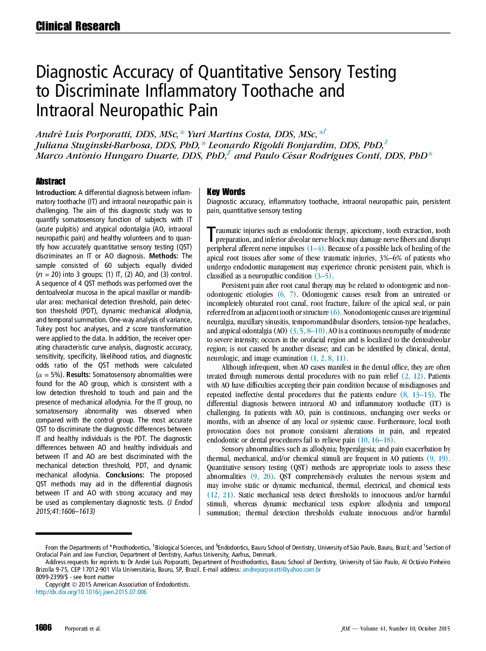 Diagnostic Accuracy of Quantitative Sensory Testing to Discriminate Inflammatory Toothache and Intraoral Neuropathic Pain