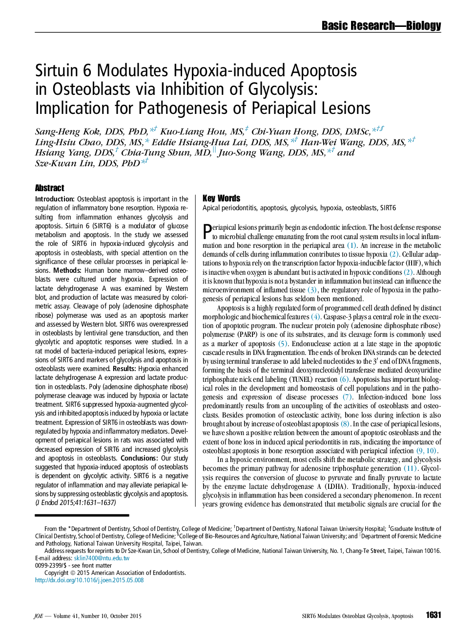 Sirtuin 6 Modulates Hypoxia-induced Apoptosis in Osteoblasts via Inhibition of Glycolysis: Implication for Pathogenesis of Periapical Lesions