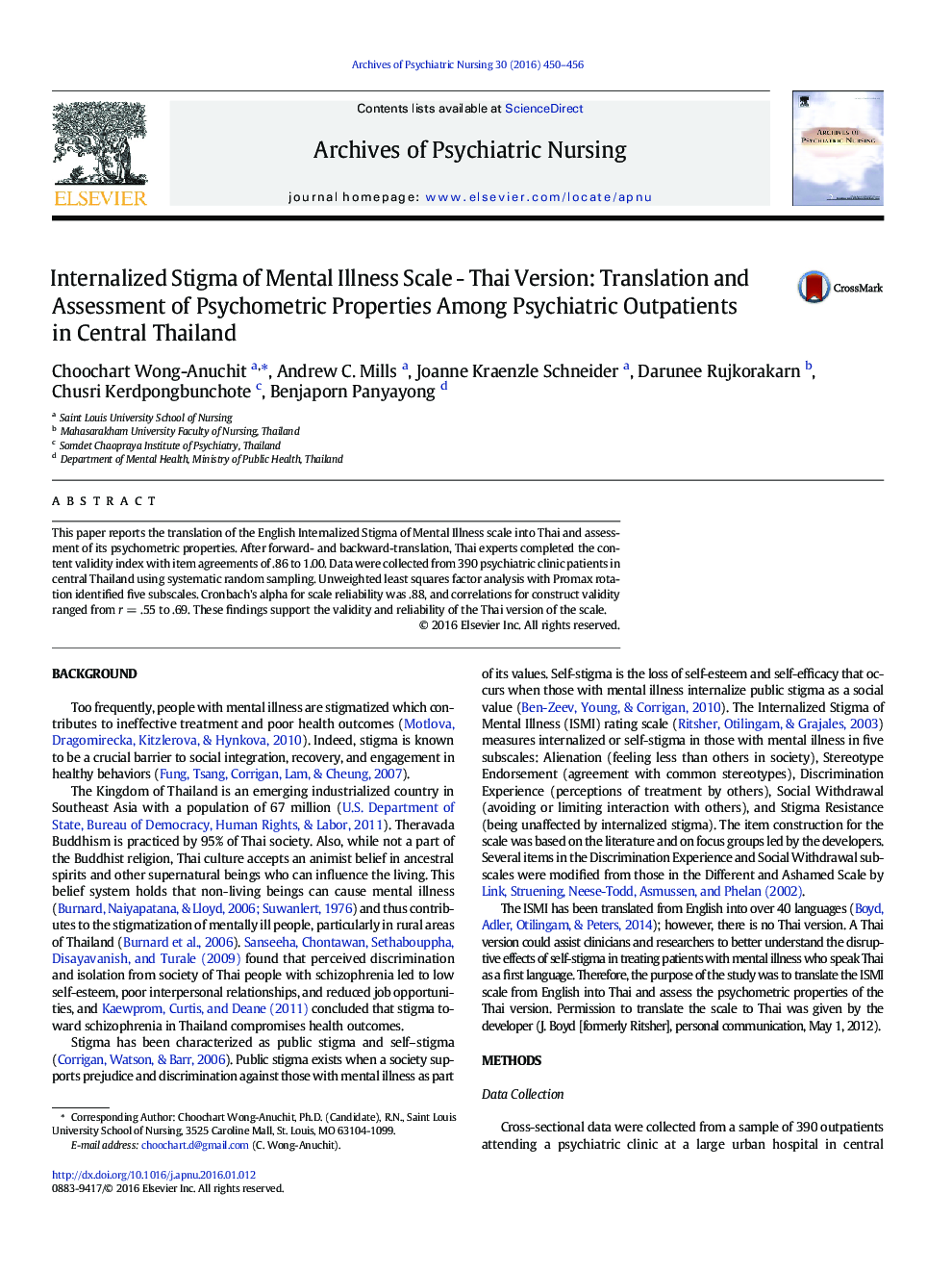 Internalized Stigma of Mental Illness Scale - Thai Version: Translation and Assessment of Psychometric Properties Among Psychiatric Outpatients in Central Thailand