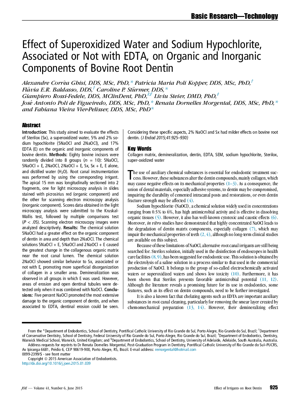 Effect of Superoxidized Water and Sodium Hypochlorite, Associated or Not with EDTA, on Organic and Inorganic Components of Bovine Root Dentin