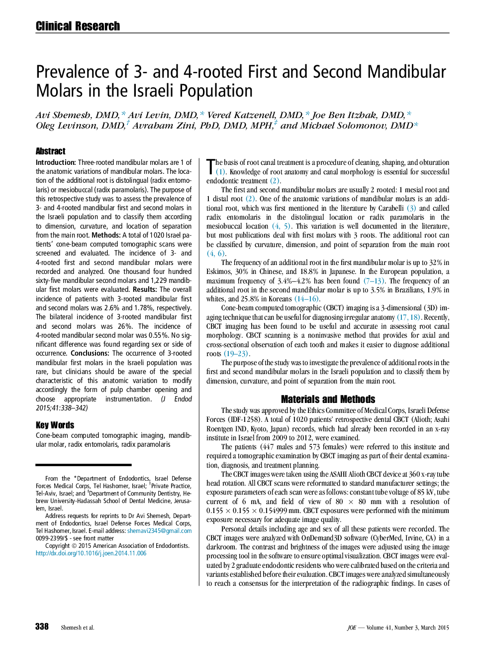 شیوع مولرهای مندیبول اول و دوم در جمعیت اسرائیل 3 و 4 ریشه 