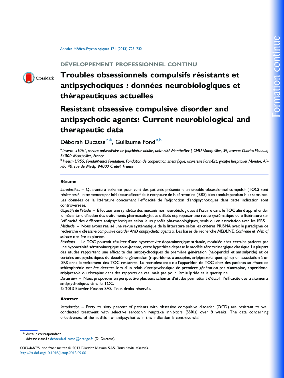 Troubles obsessionnels compulsifs résistants et antipsychotiques : données neurobiologiques et thérapeutiques actuelles