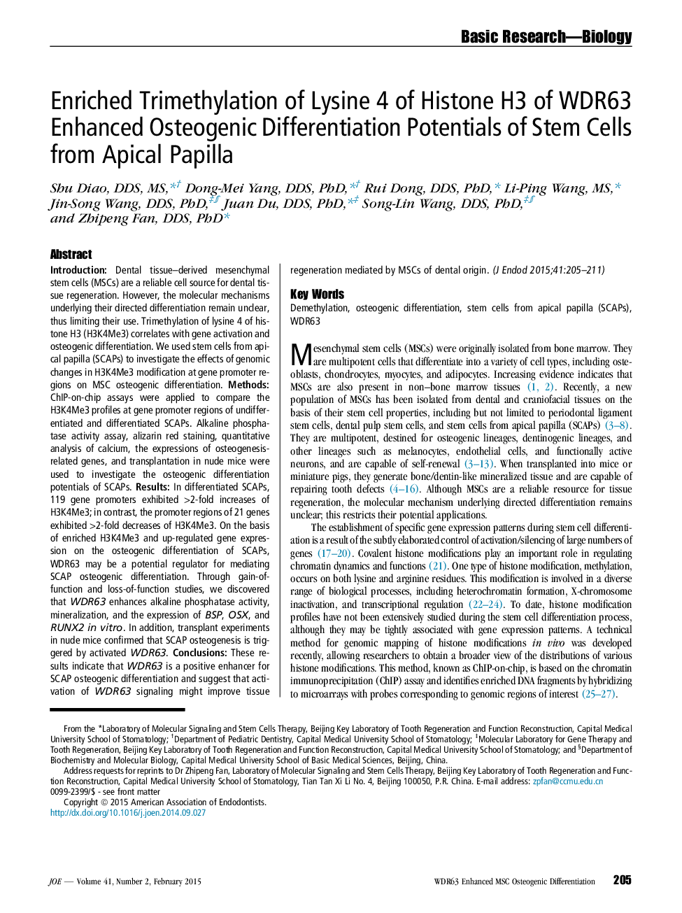 Enriched Trimethylation of Lysine 4 of Histone H3 of WDR63 Enhanced Osteogenic Differentiation Potentials of Stem Cells from Apical Papilla
