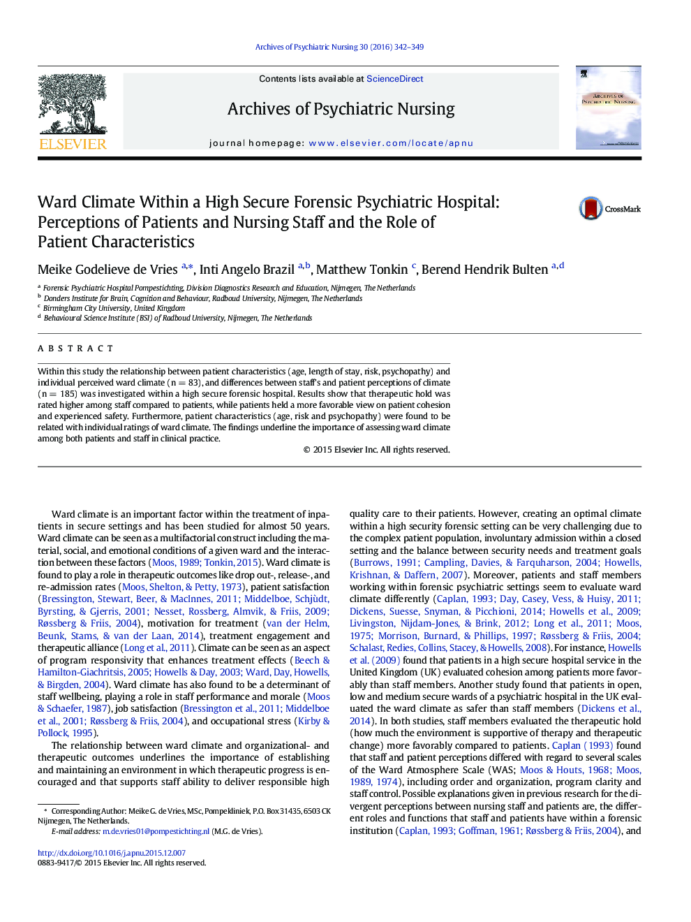Ward Climate Within a High Secure Forensic Psychiatric Hospital: Perceptions of Patients and Nursing Staff and the Role of Patient Characteristics