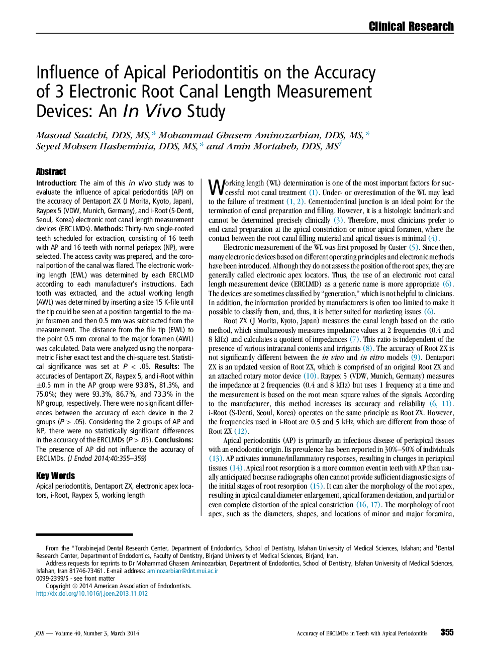 Influence of Apical Periodontitis on the Accuracy of 3 Electronic Root Canal Length Measurement Devices: An In Vivo Study