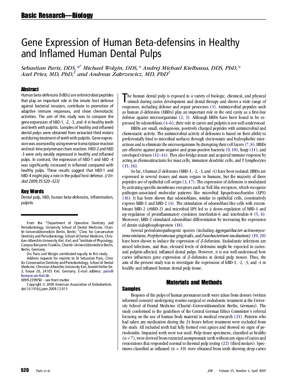 Gene Expression of Human Beta-defensins in Healthy and Inflamed Human Dental Pulps 