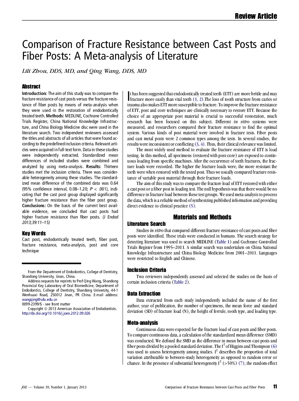 Comparison of Fracture Resistance between Cast Posts and Fiber Posts: A Meta-analysis of Literature