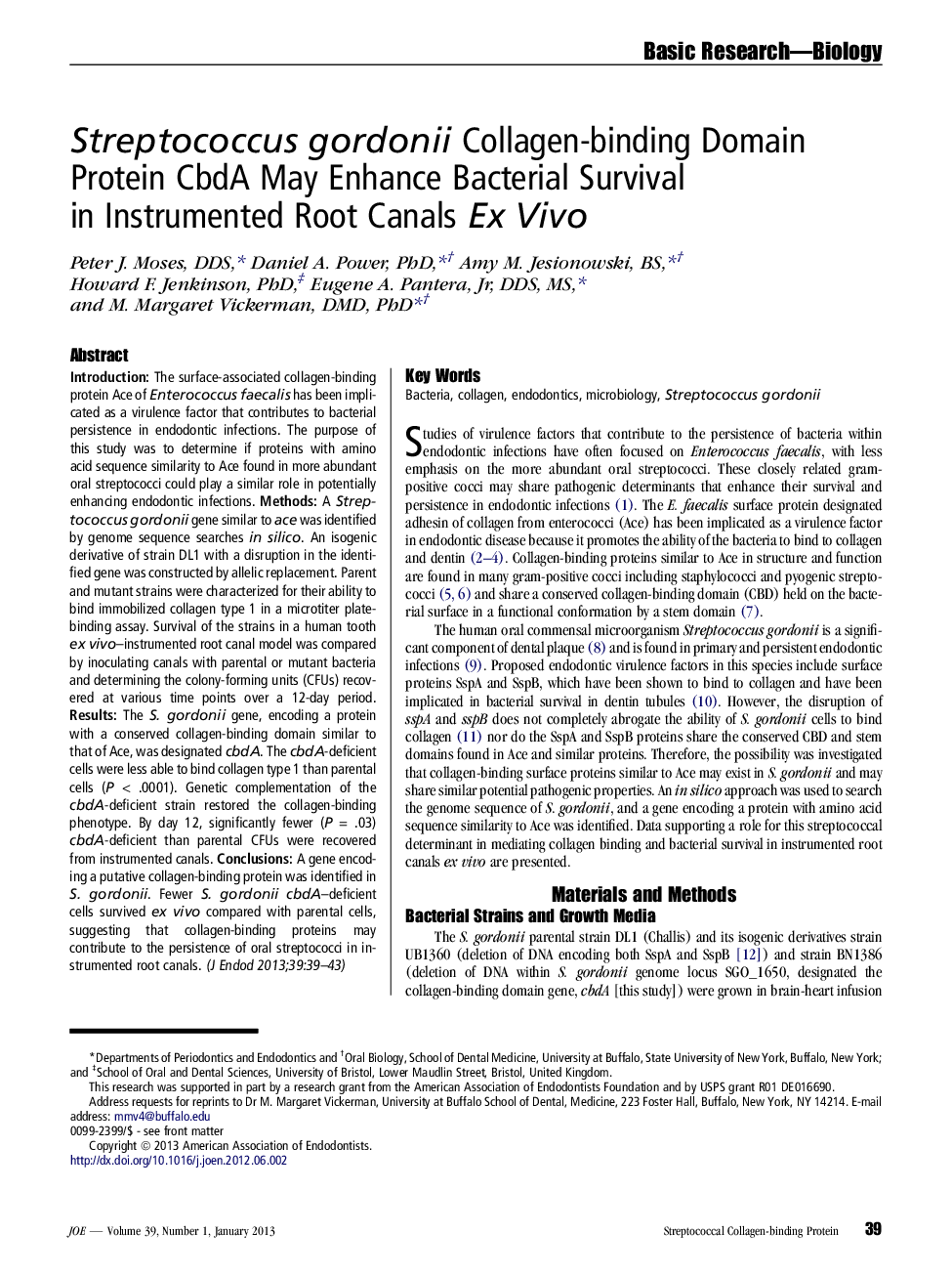 Streptococcus gordonii Collagen-binding Domain Protein CbdA May Enhance Bacterial Survival in Instrumented Root Canals Ex Vivo 