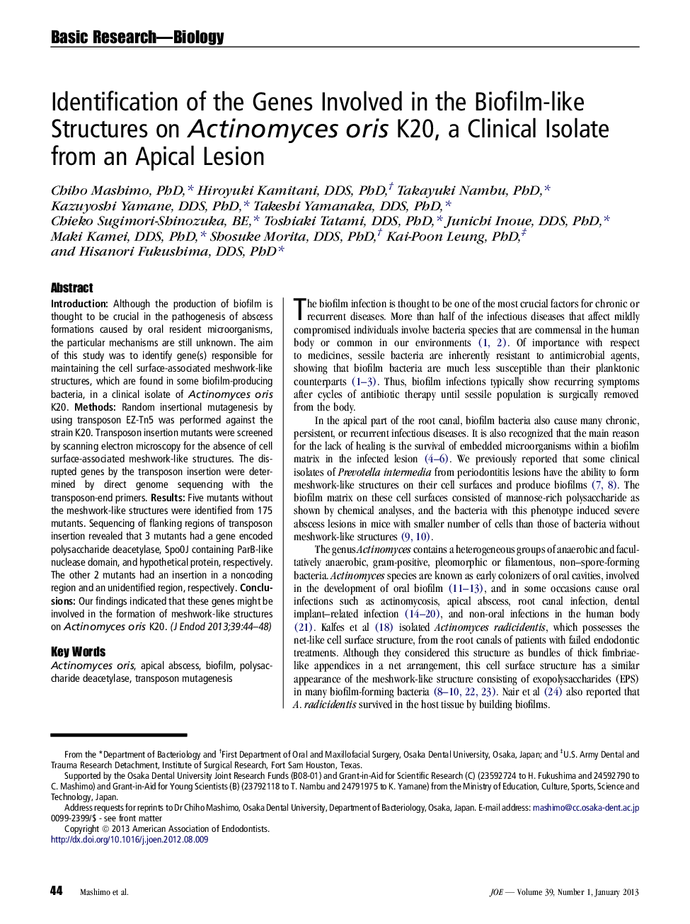 Identification of the Genes Involved in the Biofilm-like Structures on Actinomyces oris K20, a Clinical Isolate from an Apical Lesion 