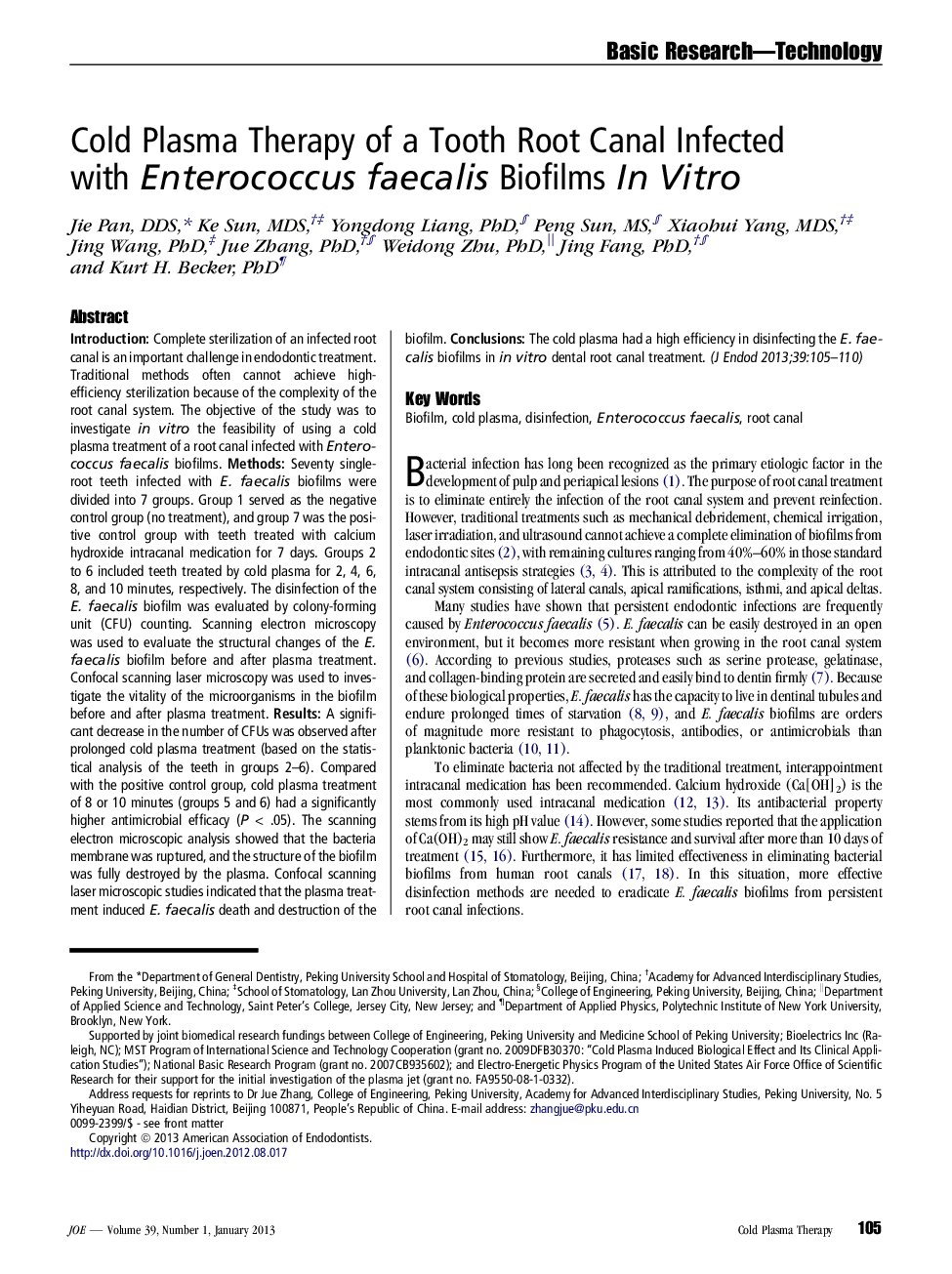 Cold Plasma Therapy of a Tooth Root Canal Infected with Enterococcus faecalis Biofilms In Vitro 