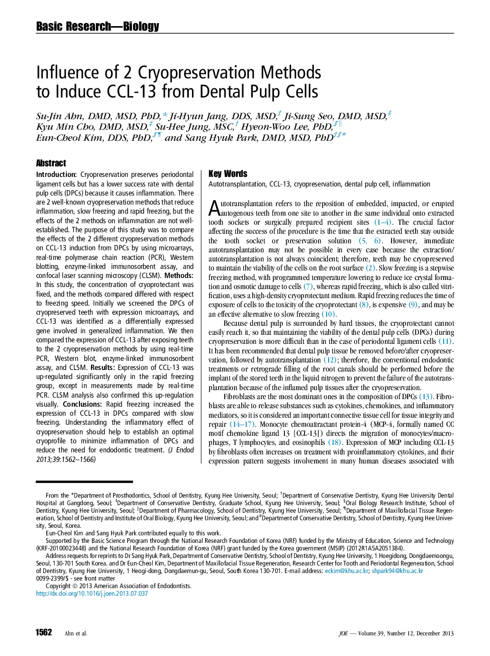 Influence of 2 Cryopreservation Methods to Induce CCL-13 from Dental Pulp Cells