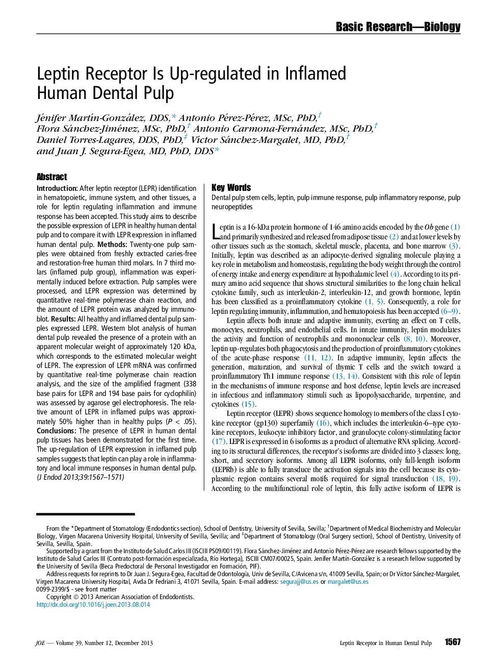 Leptin Receptor Is Up-regulated in Inflamed Human Dental Pulp 