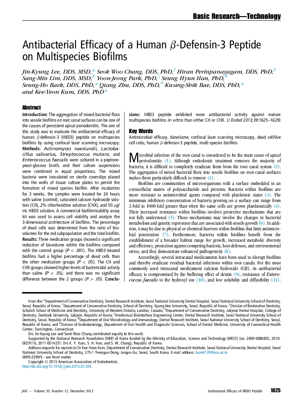 Antibacterial Efficacy of a Human β-Defensin-3 Peptide on Multispecies Biofilms 