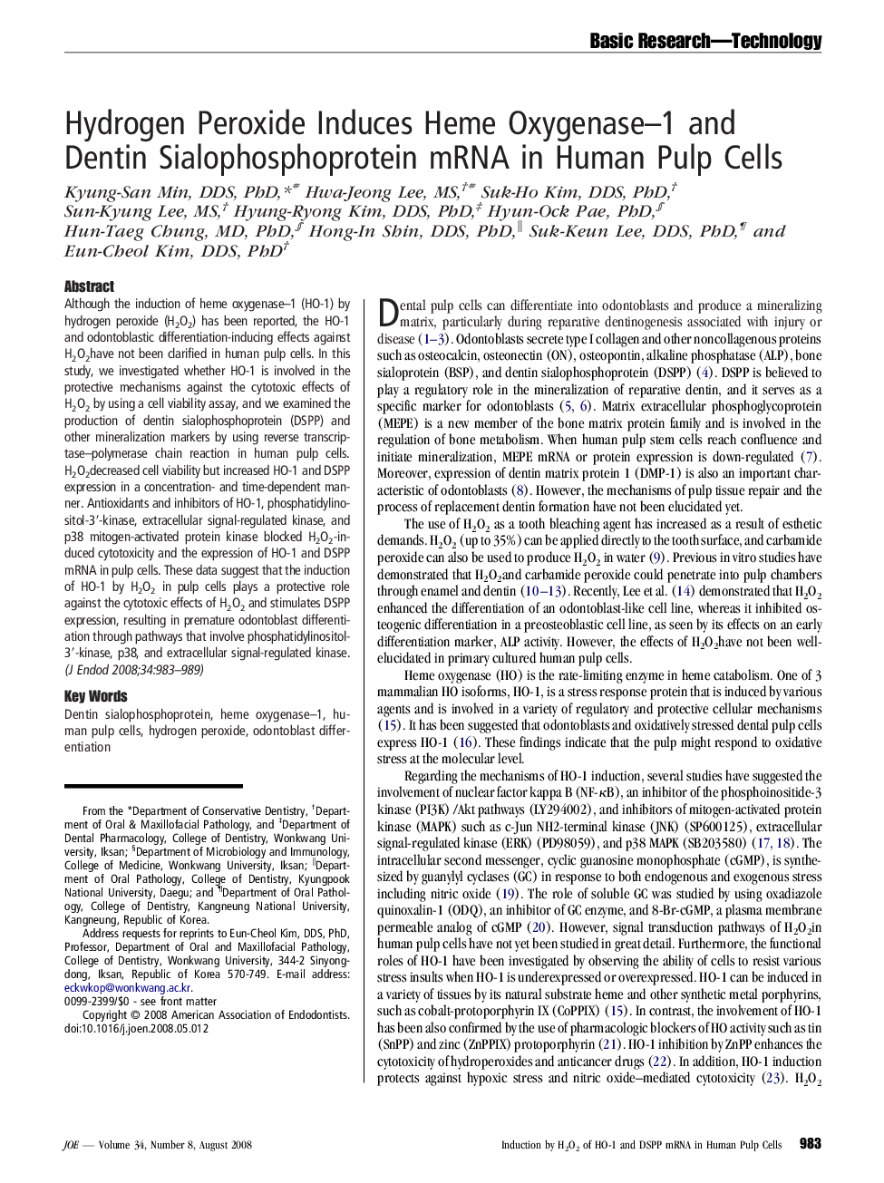 Hydrogen Peroxide Induces Heme Oxygenase-1 and Dentin Sialophosphoprotein mRNA in Human Pulp Cells