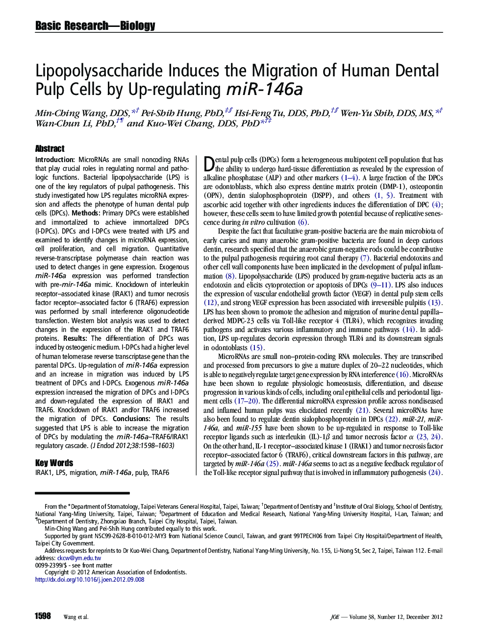 Lipopolysaccharide Induces the Migration of Human Dental Pulp Cells by Up-regulating miR-146a 