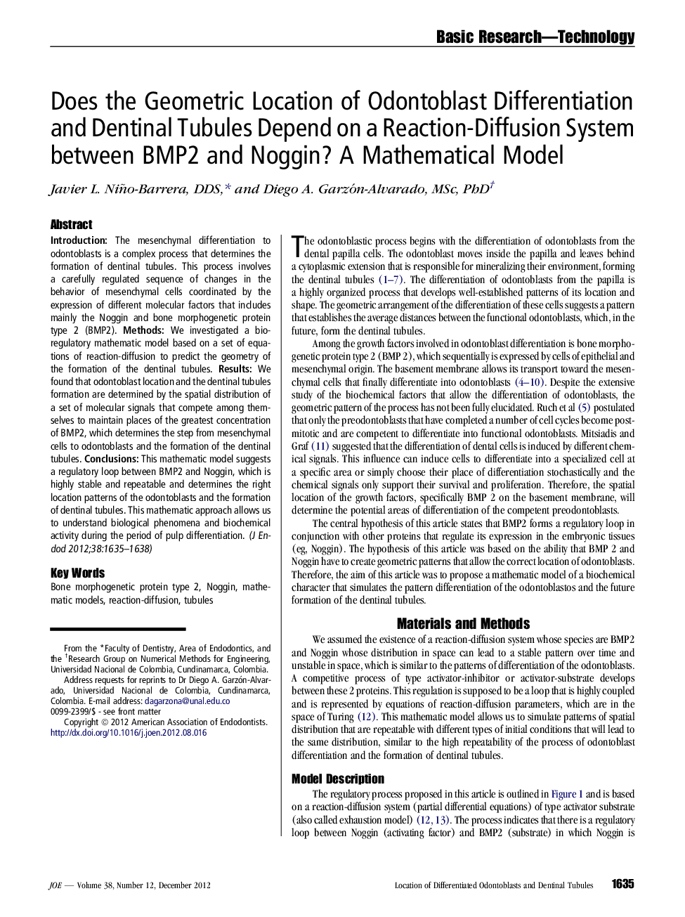 Does the Geometric Location of Odontoblast Differentiation and Dentinal Tubules Depend on a Reaction-Diffusion System between BMP2 and Noggin? A Mathematical Model