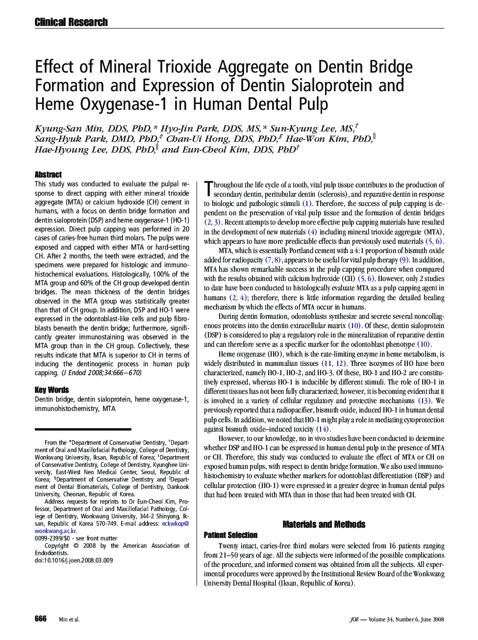 Effect of Mineral Trioxide Aggregate on Dentin Bridge Formation and Expression of Dentin Sialoprotein and Heme Oxygenase-1 in Human Dental Pulp