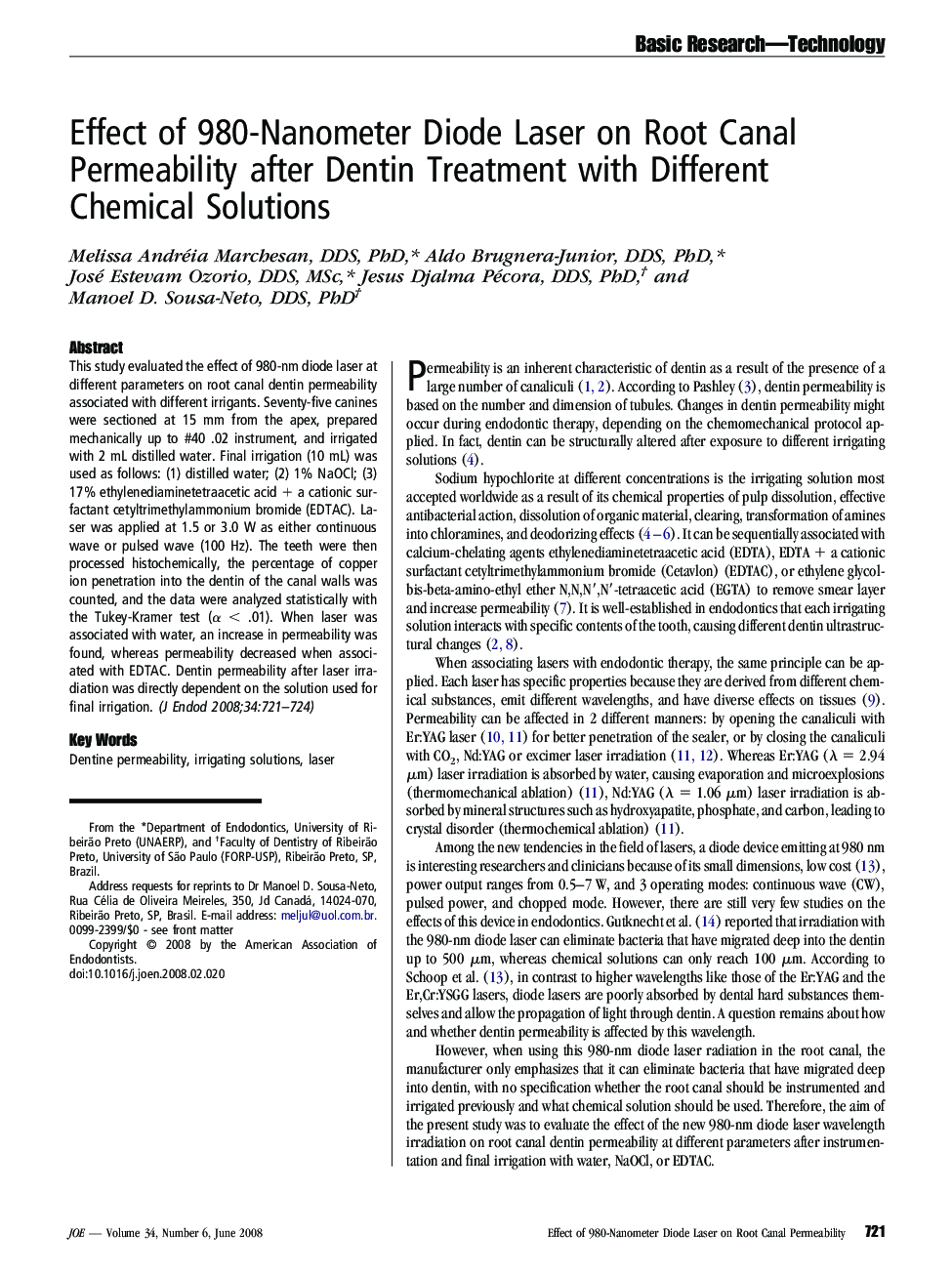 Effect of 980-Nanometer Diode Laser on Root Canal Permeability after Dentin Treatment with Different Chemical Solutions