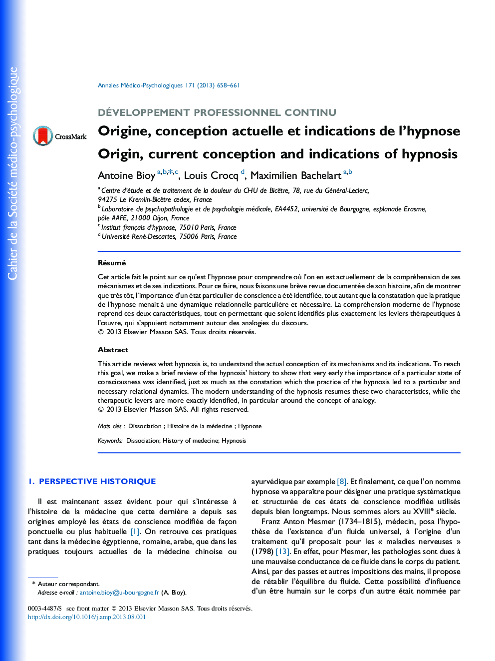 Origine, conception actuelle et indications de l’hypnose