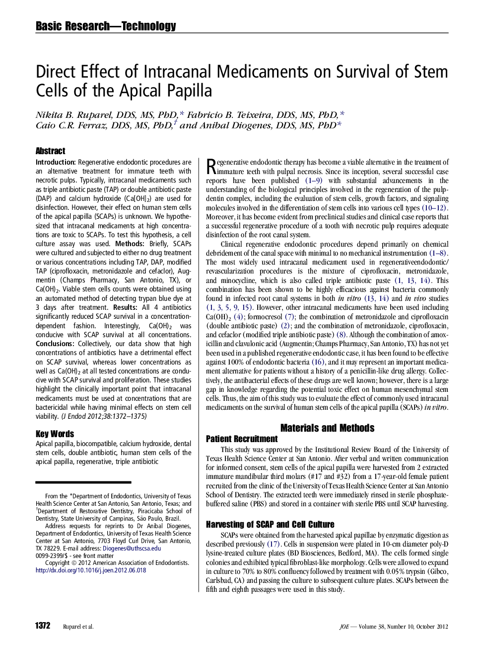 Direct Effect of Intracanal Medicaments on Survival of Stem Cells of the Apical Papilla