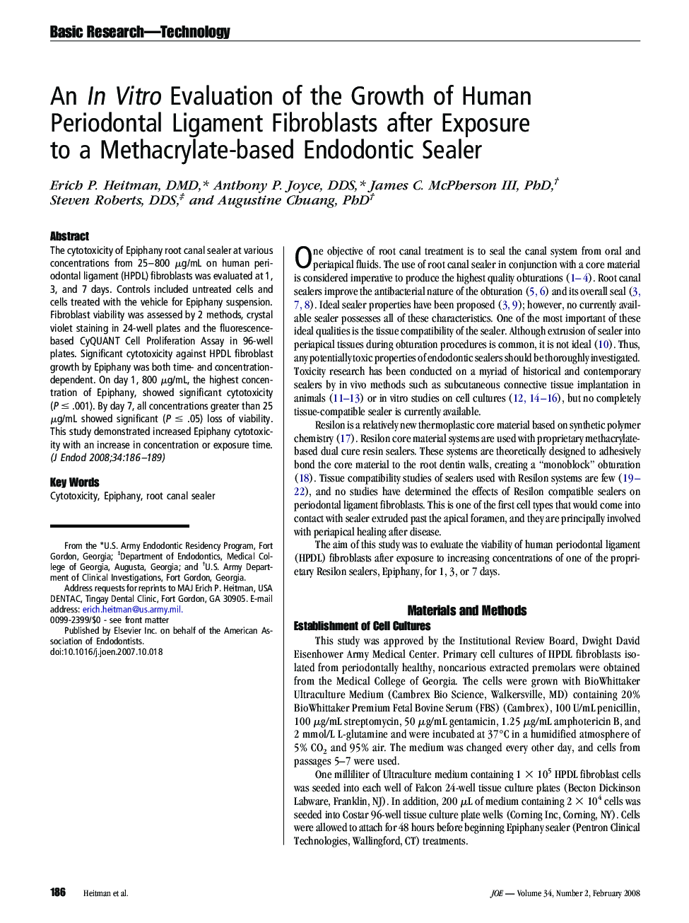 An In Vitro Evaluation of the Growth of Human Periodontal Ligament Fibroblasts after Exposure to a Methacrylate-based Endodontic Sealer