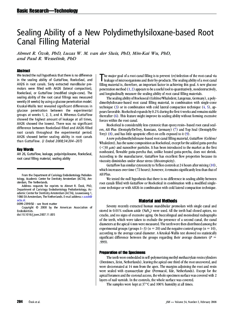 Sealing Ability of a New Polydimethylsiloxane-based Root Canal Filling Material