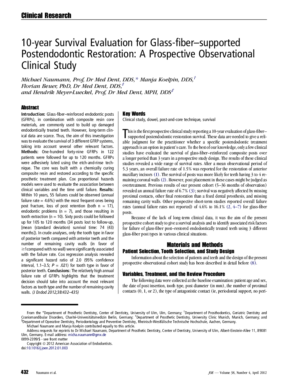 10-year Survival Evaluation for Glass-fiber–supported Postendodontic Restoration: A Prospective Observational Clinical Study 