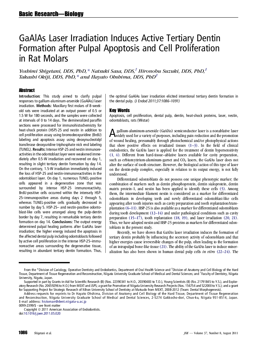 GaAlAs Laser Irradiation Induces Active Tertiary Dentin Formation after Pulpal Apoptosis and Cell Proliferation in Rat Molars