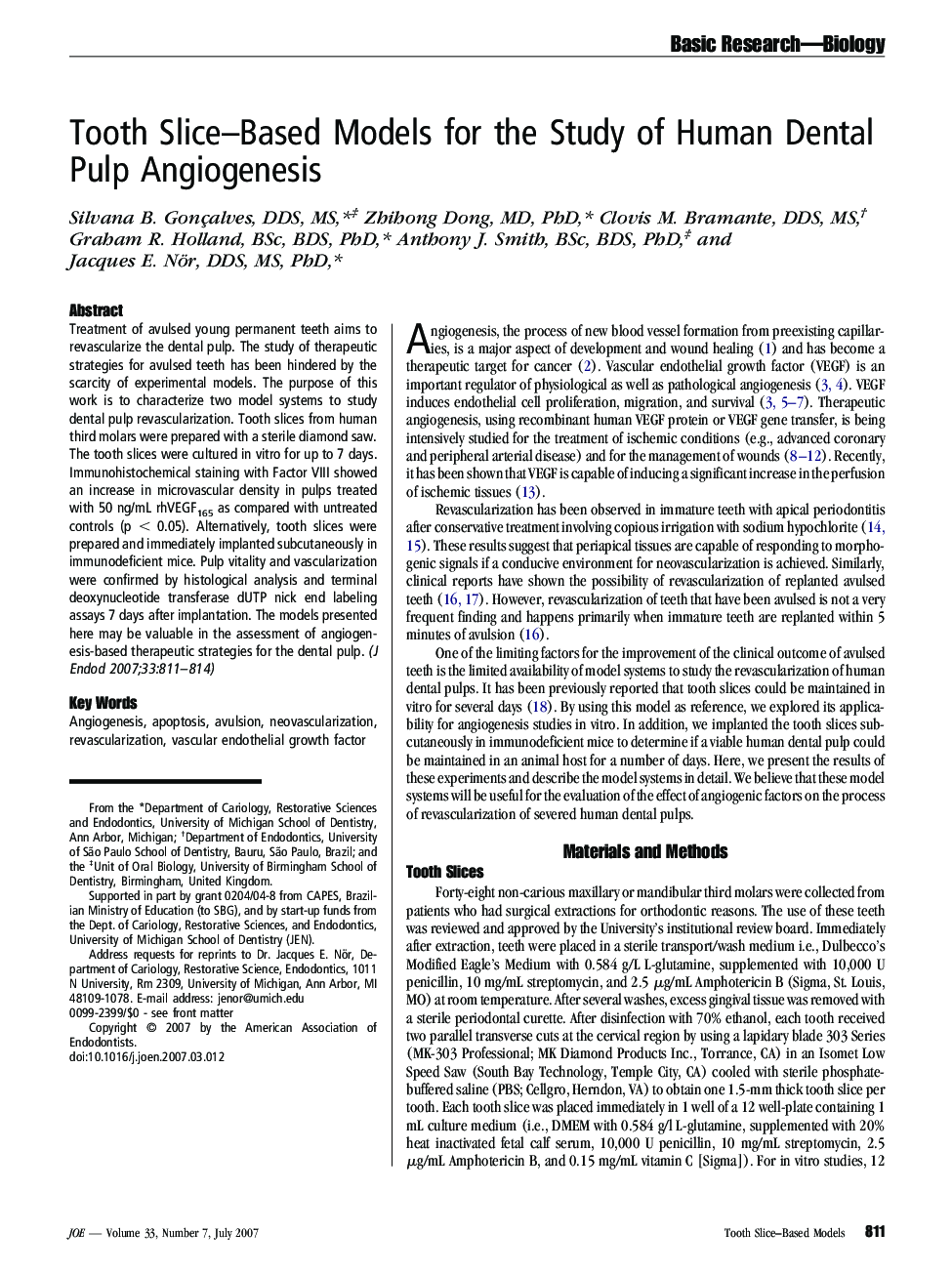 Tooth Slice–Based Models for the Study of Human Dental Pulp Angiogenesis 