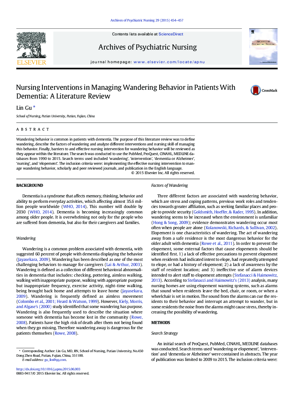Nursing Interventions in Managing Wandering Behavior in Patients With Dementia: A Literature Review