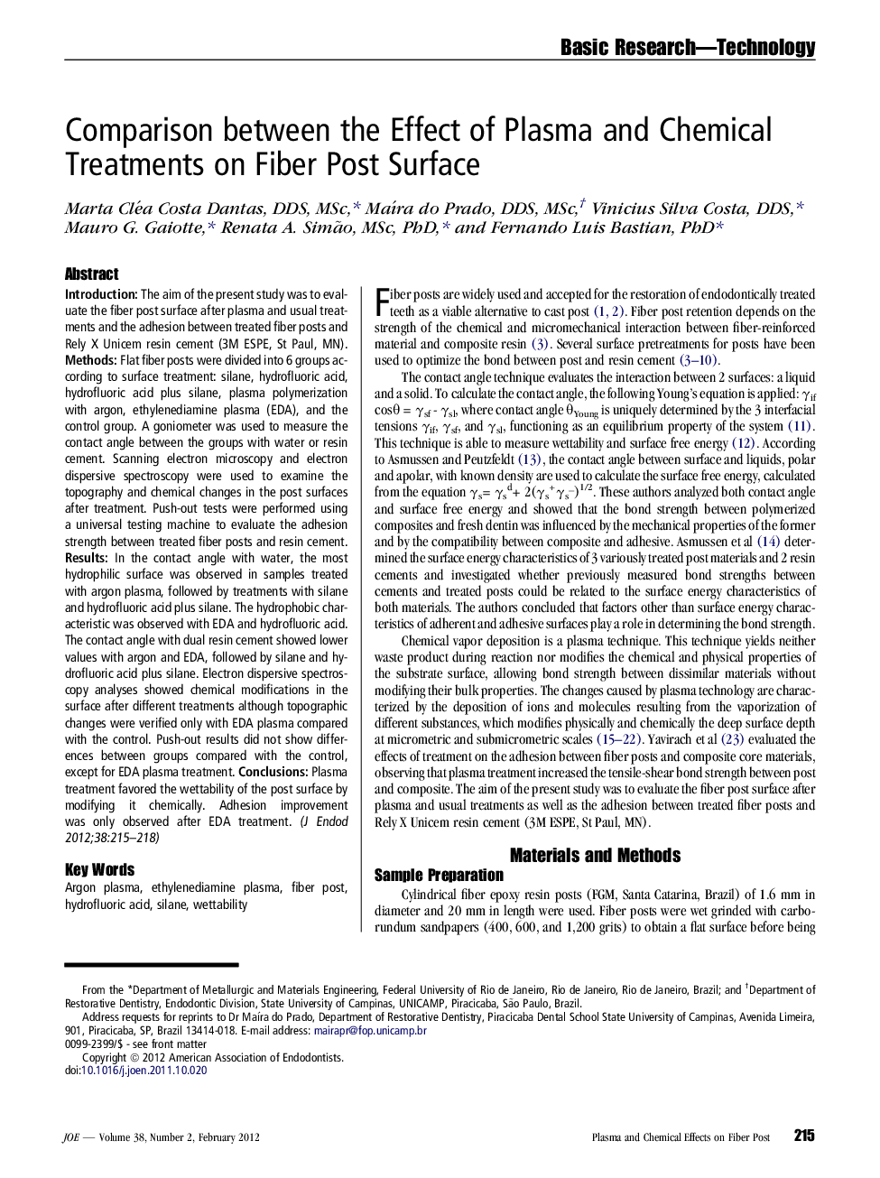 Comparison between the Effect of Plasma and Chemical Treatments on Fiber Post Surface