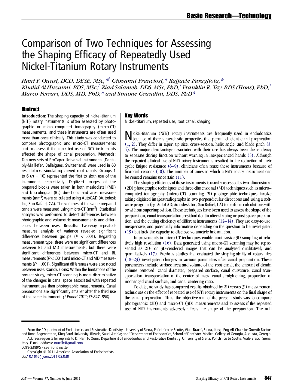 Comparison of Two Techniques for Assessing the Shaping Efficacy of Repeatedly Used Nickel-Titanium Rotary Instruments