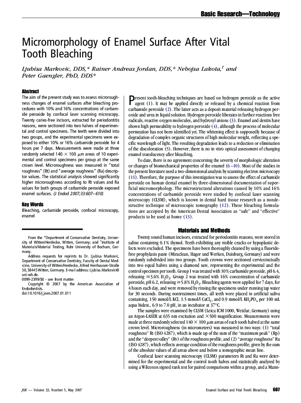 Micromorphology of Enamel Surface After Vital Tooth Bleaching