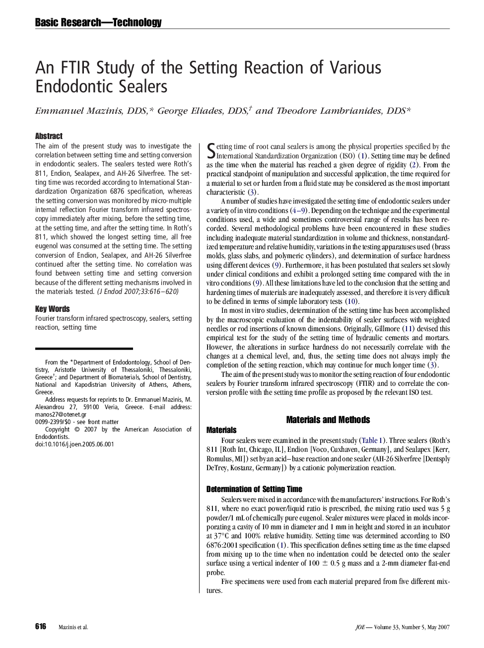 An FTIR Study of the Setting Reaction of Various Endodontic Sealers