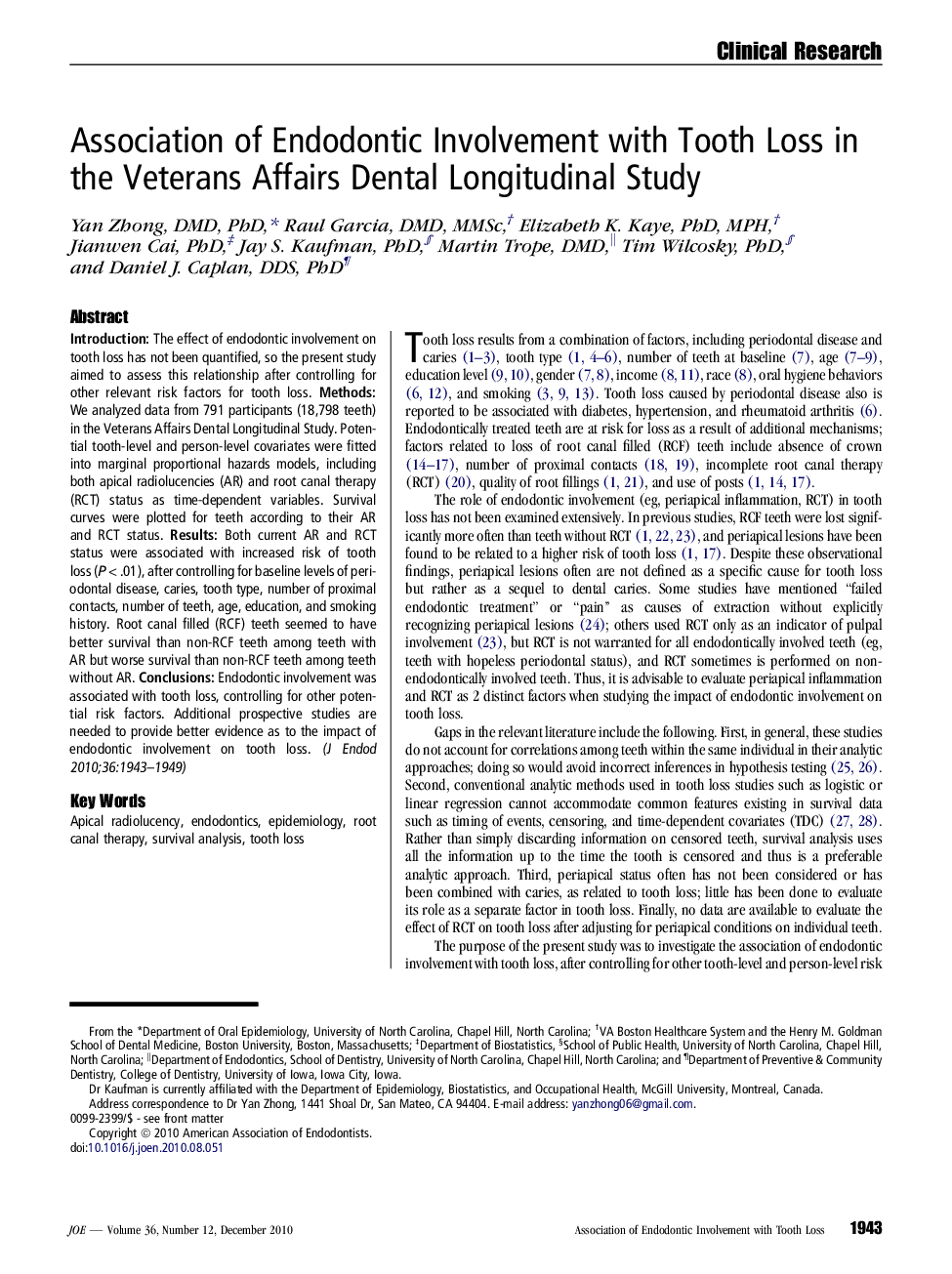 Association of Endodontic Involvement with Tooth Loss in the Veterans Affairs Dental Longitudinal Study