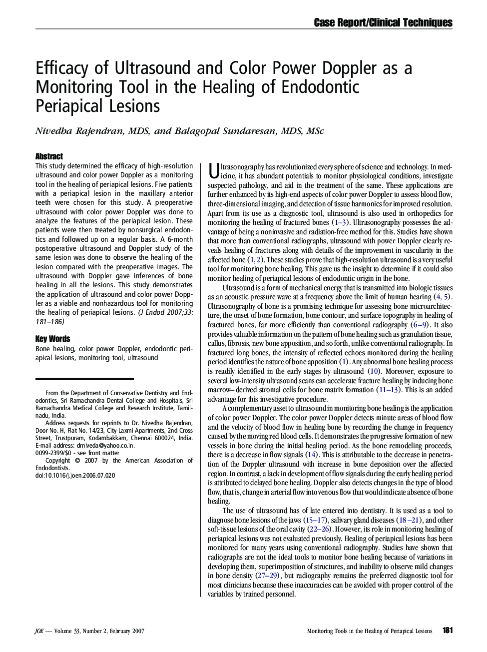 Efficacy of Ultrasound and Color Power Doppler as a Monitoring Tool in the Healing of Endodontic Periapical Lesions