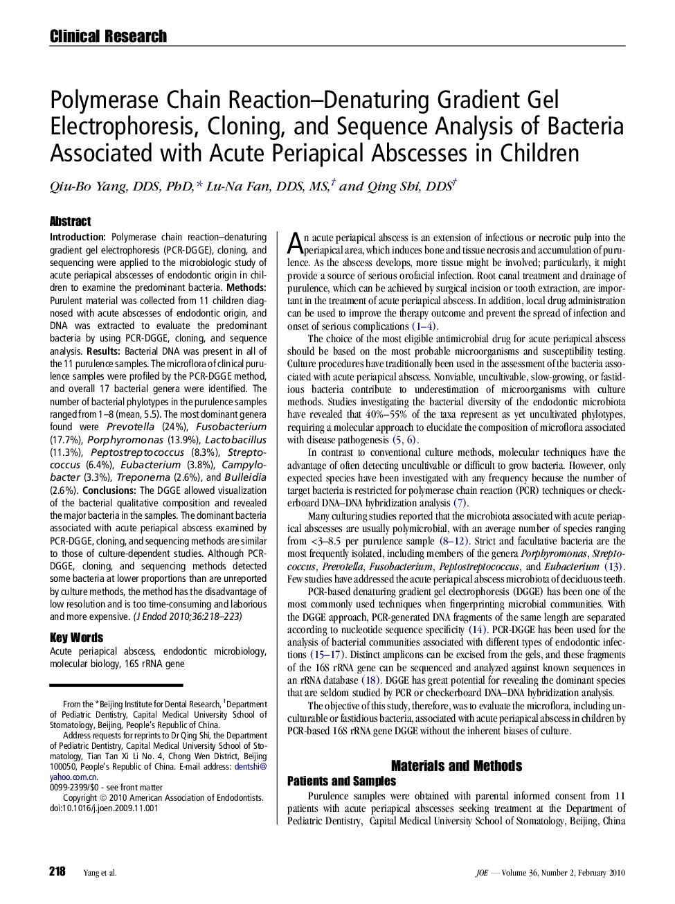 Polymerase Chain Reaction–Denaturing Gradient Gel Electrophoresis, Cloning, and Sequence Analysis of Bacteria Associated with Acute Periapical Abscesses in Children